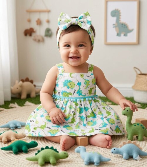Vestido infantil  alça com tiara  estampado  dinossauro