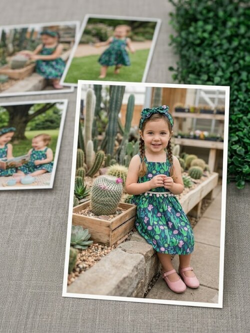 Vestido infantil alça com faixa de cabelo estampado   cacto