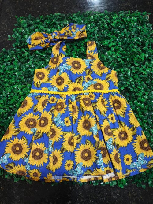 Vestido infantil alça com tiara de cabelo  estampado Girassol