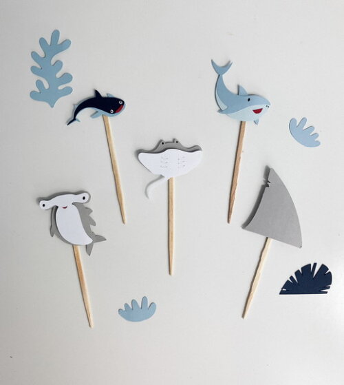 Kit 10 Unidades Mini Topper Tubarão - Papelaria para Festa