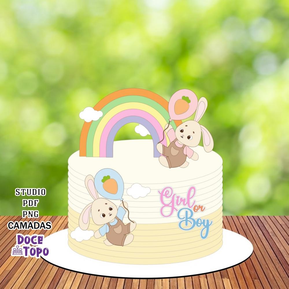 Topo de Bolo Chá Revelação Coelhos Studio/PDF/PNG