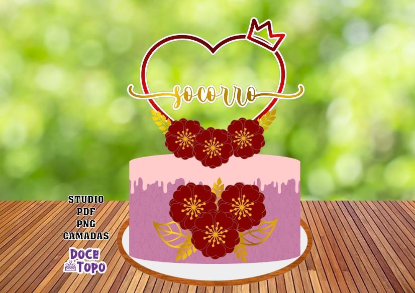 Topo de Bolo Coração Flores Studio/PDF/PNG