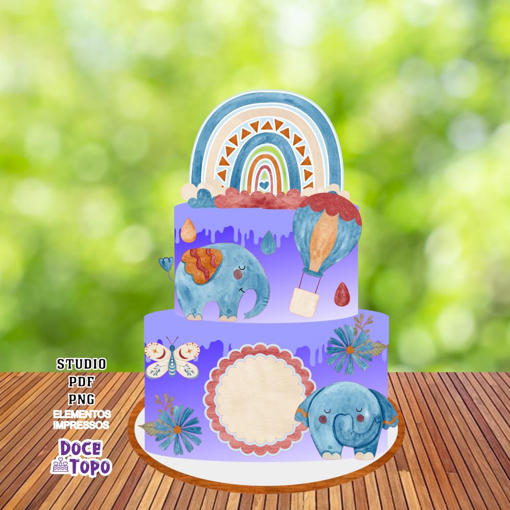 Topo de Bolo Elefantinho Boho Studio/PDF/PNG