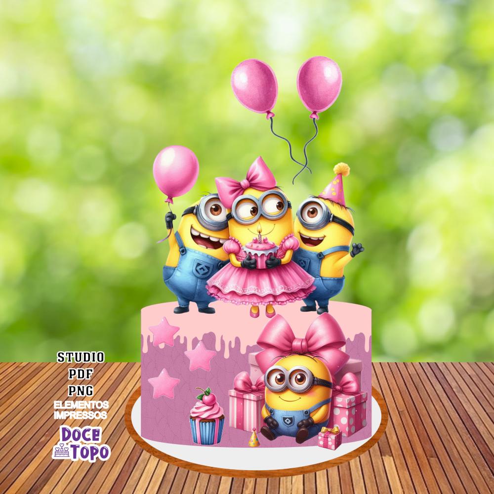 Topo de Bolo Minions Rosa 01 Studio/PDF/PNG
