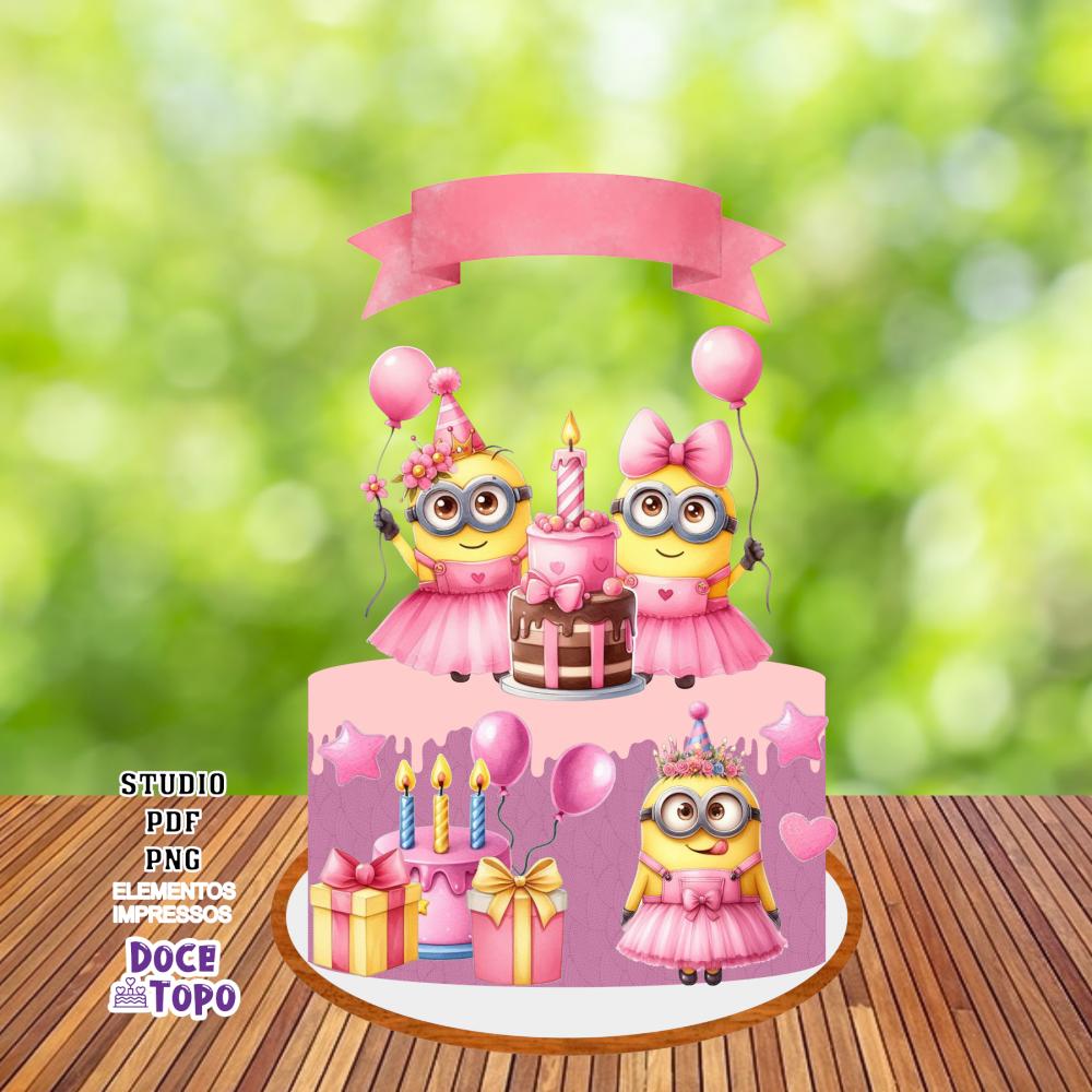 Topo de Bolo Minions Rosa 02 Studio/PDF/PNG