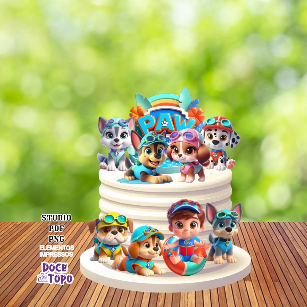 Topo de Bolo Patrulha Canina Pool Party Studio/PDF/PNG