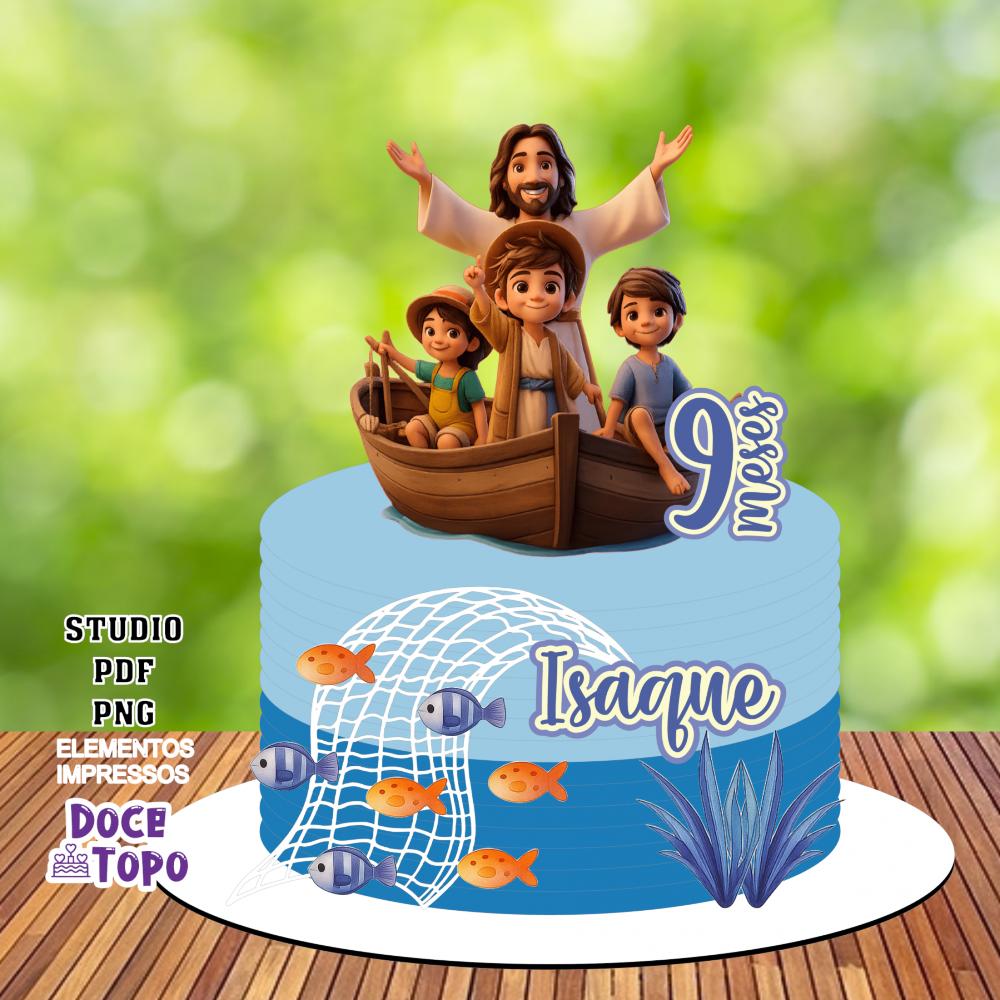 Topo de Bolo Cristão Jesus e Pescadores Studio/PDF/PNG