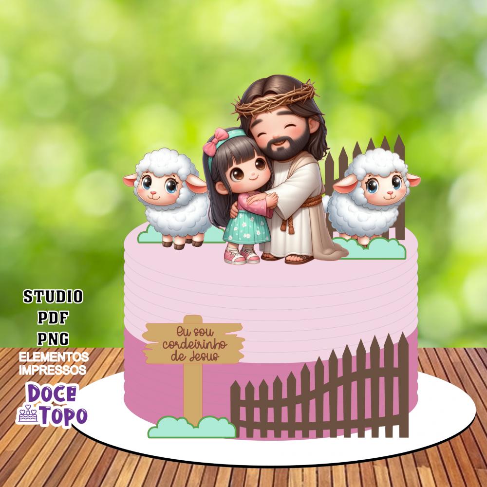 Topo de Bolo Cristão Menina Cordeirinho Studio/PDF/PNG
