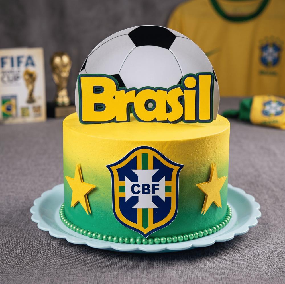Topo de Bolo Futebol - Brasil 48 Copa Somente Studio