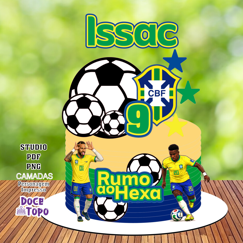 Topo de Bolo Futebol Copa - Brasil - Neymar e Vini Jr Studio/PDF/