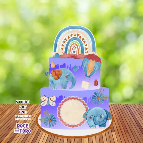 Topo de Bolo Elefantinho Boho Studio/PDF/PNG