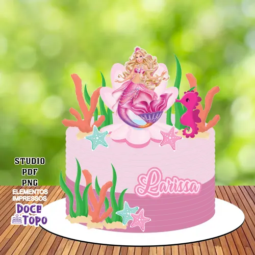 Topo de Bolo Barbie Sereia 01 Studio/PDF/PNG