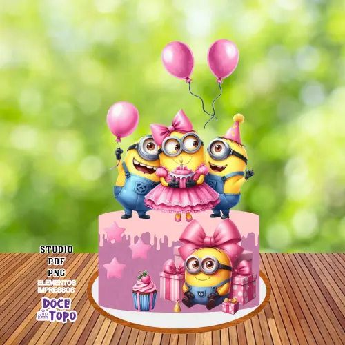 Topo de Bolo Minions Rosa 01 Studio/PDF/PNG