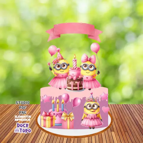Topo de Bolo Minions Rosa 02 Studio/PDF/PNG