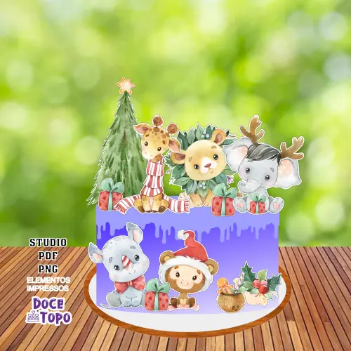 Topo de Bolo Natal Safari Aquarela 02 Studio/PDF/PNG