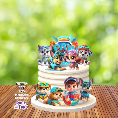 Topo de Bolo Patrulha Canina Pool Party Studio/PDF/PNG