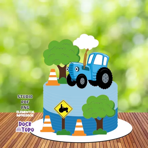Topo de Bolo Trator Azul 01 Studio/PDF/PNG