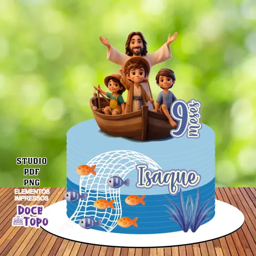 Topo de Bolo Cristão Jesus e Pescadores Studio/PDF/PNG