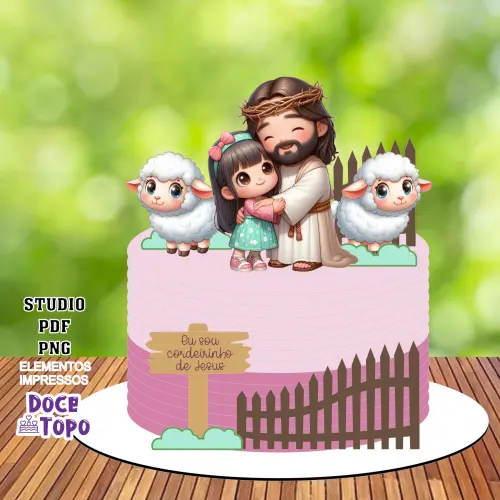 Topo de Bolo Cristão Menina Cordeirinho Studio/PDF/PNG