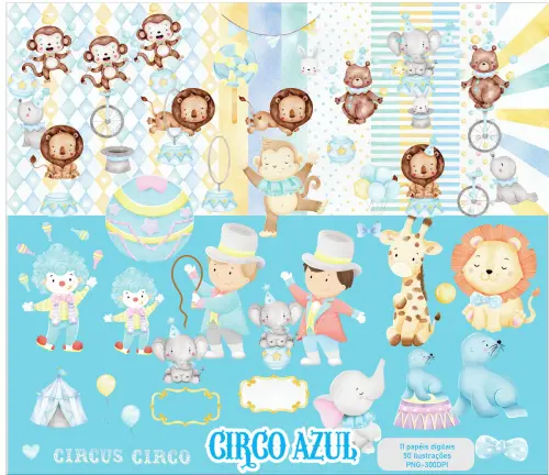 Kit Digital Png Papéis Digitais Circo Azul Aquarela