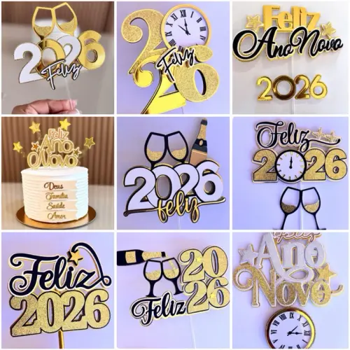 Pacote 14 Topos de Bolo Ano Novo 2026 Somente Studio