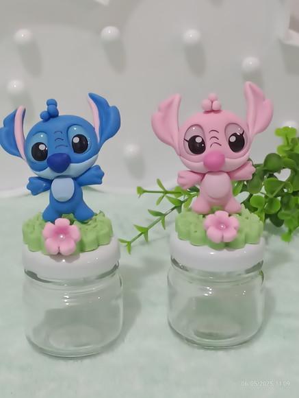 Lembrancinha Mini Potinho 40 ml com Stitch e Angel Biscuit