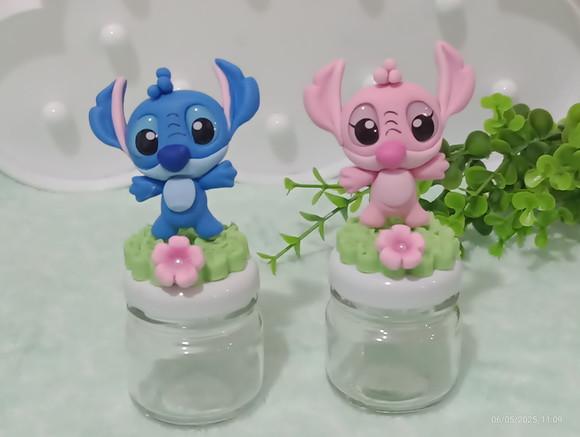Lembrancinha Mini Potinho 40 ml com Stitch e Angel Biscuit