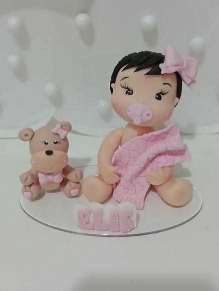 Topo de Bolo Chá de Bebê Menina com Ursinho de Biscuit