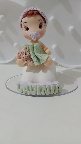 Topo de Bolo Chá de Bebê Menina com Ursinho de Biscuit
