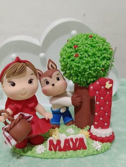 Topo de Bolo Chapeuzinho Vermelho de Biscuit com Vela e Nome