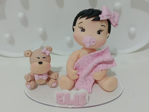Topo de Bolo Chá de Bebê Menina com Ursinho de Biscuit