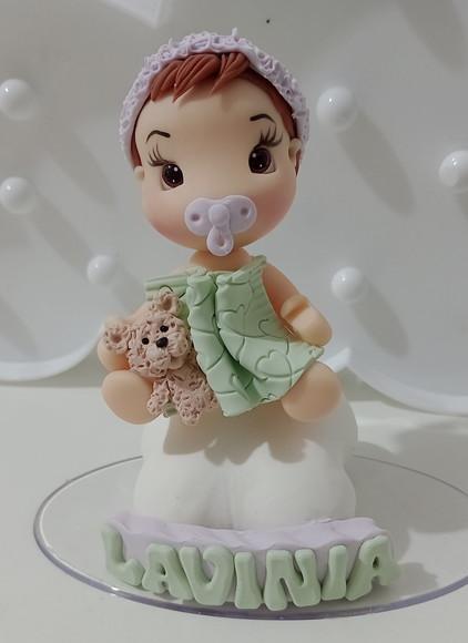 Topo de Bolo Chá de Bebê Menina com Ursinho de Biscuit