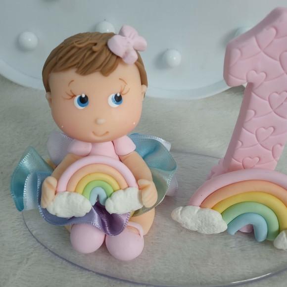 Topo de Bolo de Biscuit com Vela para Menina Tema Arco-íris