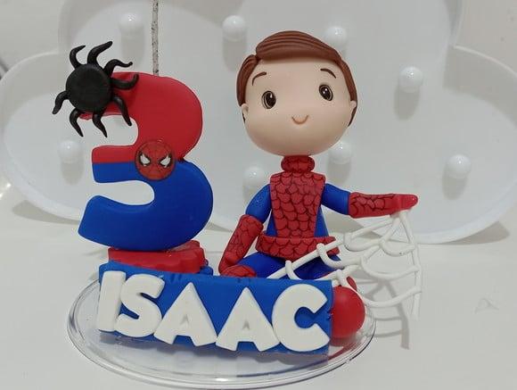 Topo de Bolo Menino Homem Aranha de Biscuit com Vela e Nome