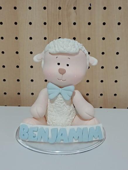 Topo de Bolo Ovelha de Biscuit com Nome para Chá de Bebê