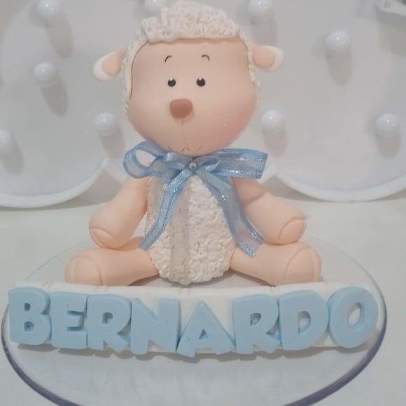 Topo de Bolo Ovelha de Biscuit com Nome para Chá de Bebê