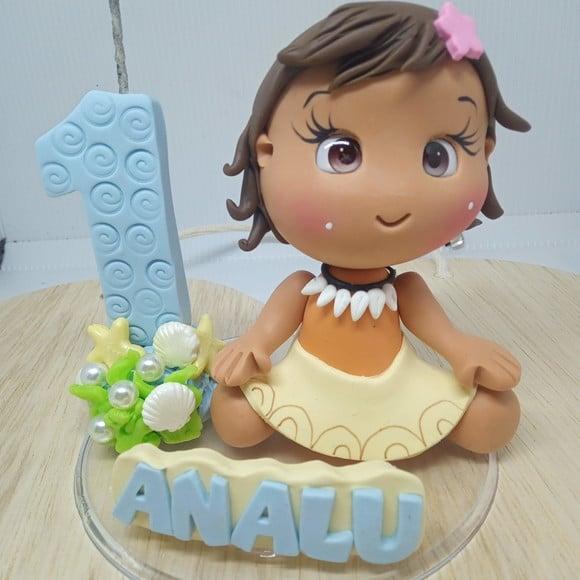Topo de Bolo Personalizado Moana Baby com Vela e Nome