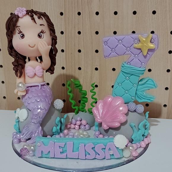 Topo de Bolo Sereia de Bscuit com Vela de Aniversário