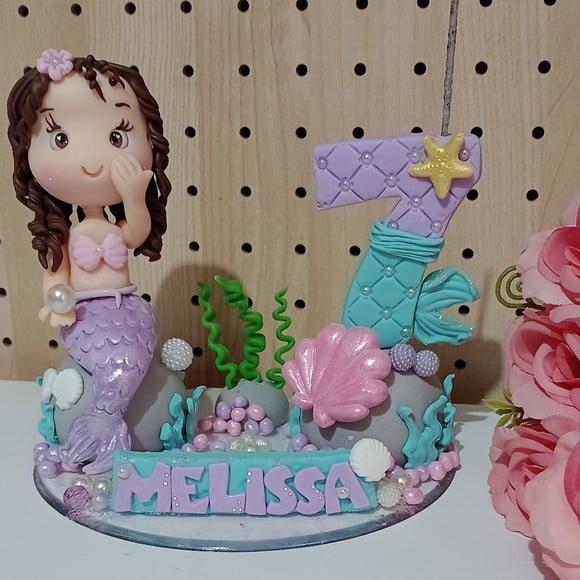 Topo de Bolo Sereia de Bscuit com Vela de Aniversário