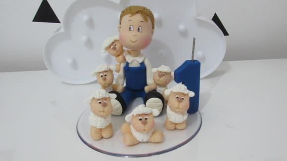 Topo de Bolo Vela Menino com Ovelhas