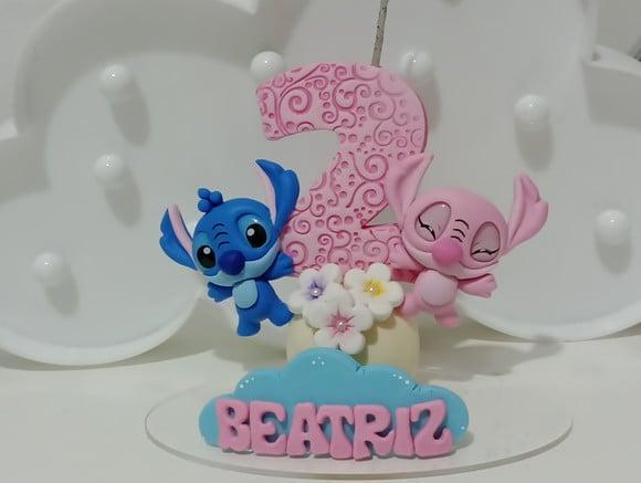 Vela de Biscuit Stitch e Angel Personalizada Nome e Idade