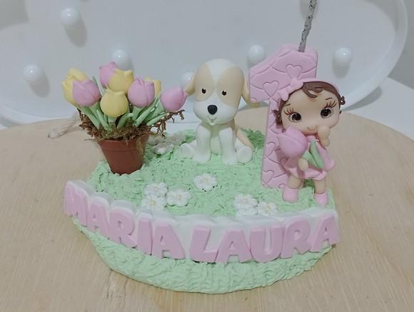 Vela Personalizada Jarim com Boneca e Cachorrinho Biscuit