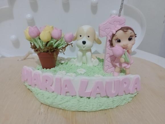 Vela Personalizada Jarim com Boneca e Cachorrinho Biscuit