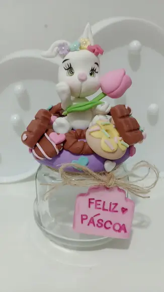 Pote Tipo Geleia Decorado de Biscuit com Coelho para Páscoa