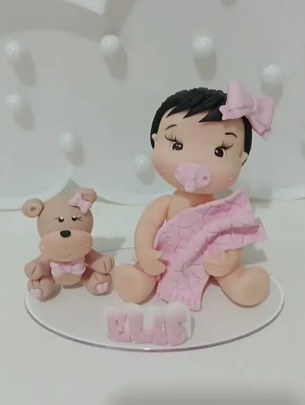 Topo de Bolo Chá de Bebê Menina com Ursinho de Biscuit