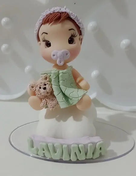 Topo de Bolo Chá de Bebê Menina com Ursinho de Biscuit