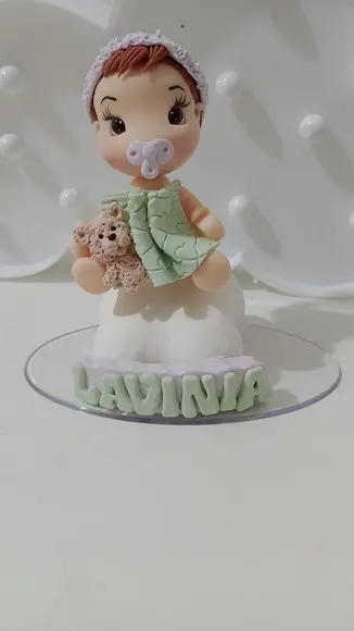 Topo de Bolo Chá de Bebê Menina com Ursinho de Biscuit