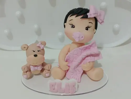 Topo de Bolo Chá de Bebê Menina com Ursinho de Biscuit