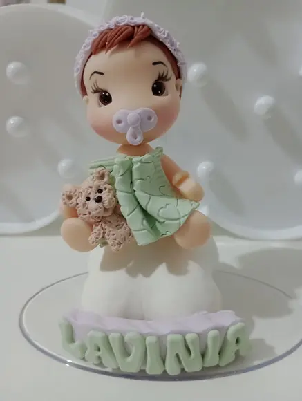 Topo de Bolo Chá de Bebê Menina com Ursinho de Biscuit