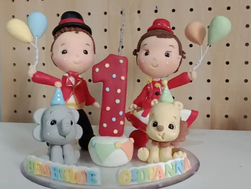 Topo de Bolo Circo de Biscuit para Gêmeos